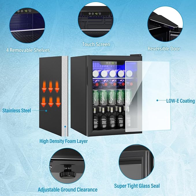 2.6 Cubic Feet Mini Fridge,95 Can Freestanding Beverage Refrigerator with Glass Front Door for Soda, Beer Under Counter Small Refrigerator with Adjustable Shelves and Digital Display(Black)