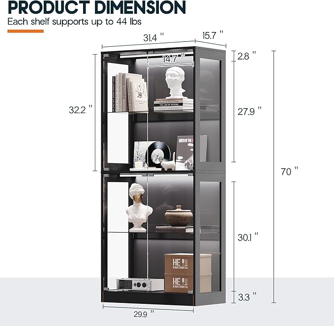 AMERLIFE RGB Display Cabinet with Adjustable Glass Shelves, 4-Tier Storage Case with LED Lights & Press-to-Open Doors, Modern Display Shelf for Collectibles, Black 70" H×32" L×16" D