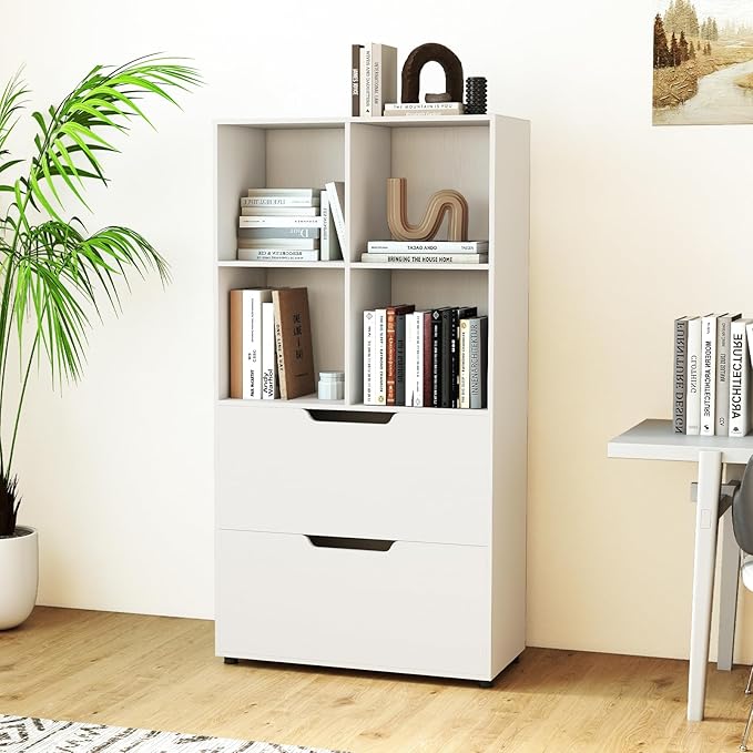 Giantex Bookshelf with 4 Cubes & 2 Drawers, 51” Tall Floor Bookcase with Anti-tip Kits, Freestanding Display Rack Storage Organizer for Study, Living Room, Home Office (White)