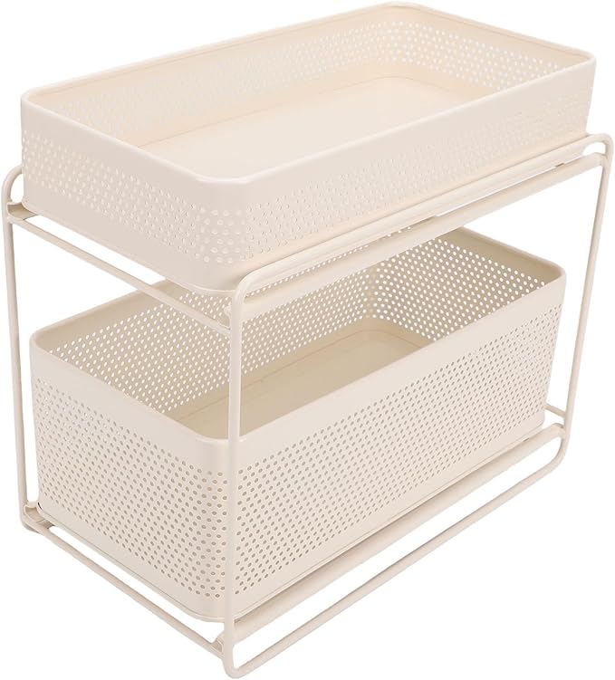 Slide Out Under Sink Organizer, 2 Tier Steel Sink Shelf Cabinet Storage Seasoning Organizer Rack with Guardrails for Kitchen Bathroom Laundry Room Office School