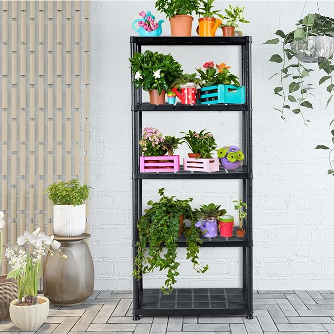 IRONMAX 5-Tier Garage Shelving Unit, Plastic Storage Rack with 4 Wall Brackets, Heavy Duty Shelf Organizer for Indoor and Outdoor, Black (1, 36”L X 18”W X 73”H)