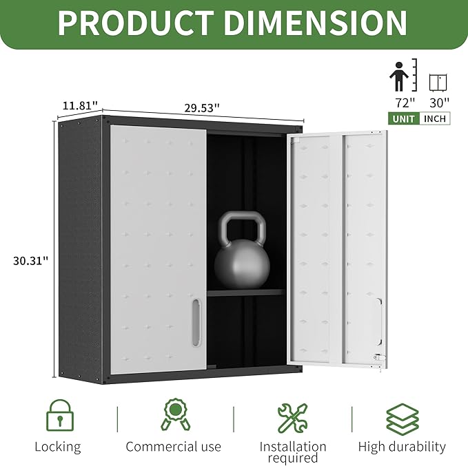 Wall Cabinet, Wall Mounted Cabinet with Lock and Adjustable Shelf for Garage, Tool Room, Kitchen, Assembly Required(Black and Gray)