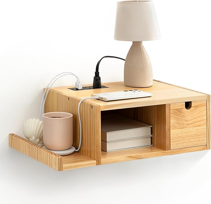 Afuly Floating Nightstand with Charging Station, Wall Mount Night Stand with Drawer Hanging Bedside Table End Table, Solid Wood Modern Side Table Shelf for Bedroom Natural Wooden Decor