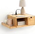 Afuly Floating Nightstand with Charging Station, Wall Mount Night Stand with Drawer Hanging Bedside Table End Table, Solid Wood Modern Side Table Shelf for Bedroom Natural Wooden Decor