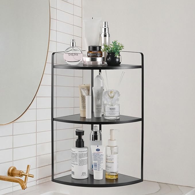 3 Tier Corner Bathroom Counter Organizer, Countertop Organizer, Vanity Organizers, Bathroom Storage Sink Shelf, Wooden and Metal Counter Shelf, Corner Counter (Black)