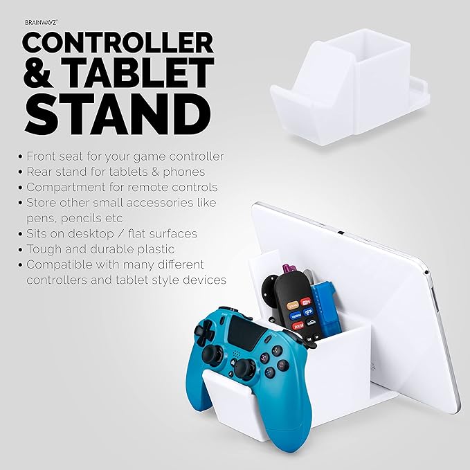 BRAINWAVZ Desk Organizer with Game Controller Holder, Tablet Stand for iPads/iPhones, TV Remote & Pen Storage, Reduce Desktop Clutter, Have All Your Side Table Items in One Space (White)