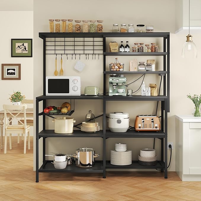 L-Shaped Bakers Rack with Power Outlet, 6-Tier Microwave Stand with Open Storage, Coffee Bar with Hooks, Mesh Grid, Kitchen Shelf with Wire Basket, Black
