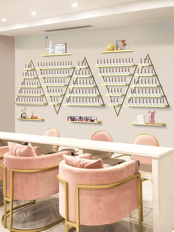 EBANKU 6PCS Nail Polish Racks 5 Tiers Nail Polish Shelf for Wall Triangular Display Rack Cosmetic Display Cases Lipstick Perfume Wall Shelf Essential Oil Organizers for Home Spa Nail Salon Shop(Gold)