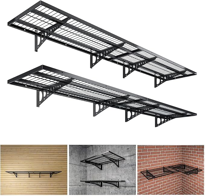 4-Pack 1.5×3.8ft Garage Wall Shelving, 18×45.6 inches Heavy Duty Wall Mounted Shelves, Garage Storage Shelf, 1000 lbs Load Capacity, Black