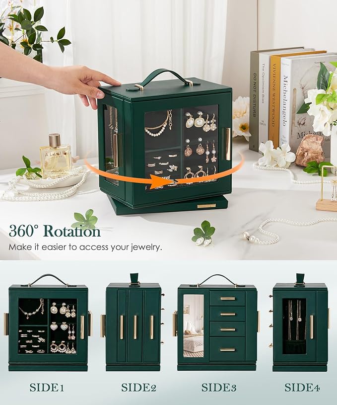 Homde Christmas Gifts Jewelry Box 360° Rotating, Necklace Earring Organizer with Transparent Window, Mirror, 7 Drawers, Large Ring Display Storage Case for Girls Women (Forest Green)