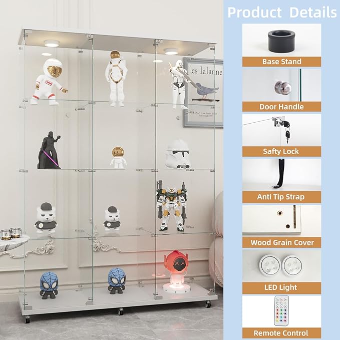 Beauty4U Glass Display Cabinet with LED Lights, Extra Large 3 Columns 2 Doors Curio Cabinets with 12 Shelves for Living Room, Bedroom, Office, White Floor Standing DIY Glass Bookshelf