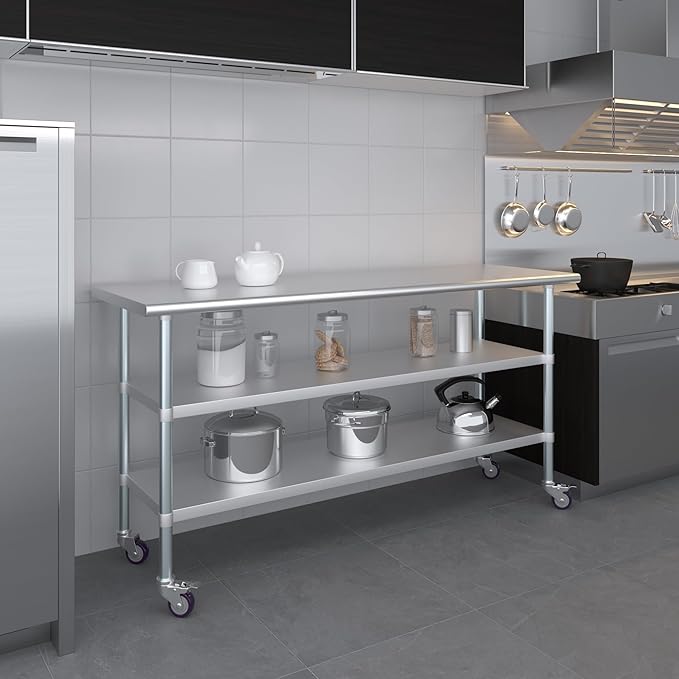AmGood Stainless Steel Work Table with 2 Shelves and Casters | Metal Utility Table On Wheels (Stainless Steel Work Table with 2 Shelves + Casters, 72" Long x 24" Deep)