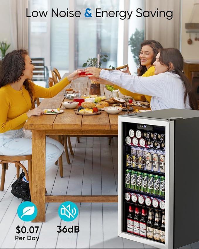3.2 Cu.Ft Mini Fridge with Glass Door - 126 Can Beverage Refrigerator Cooler for Drink Beer Wine Soda, Small Refrigerator for Bedroom Office Bar Dorm, 4 Adjustable Shelves, Silver