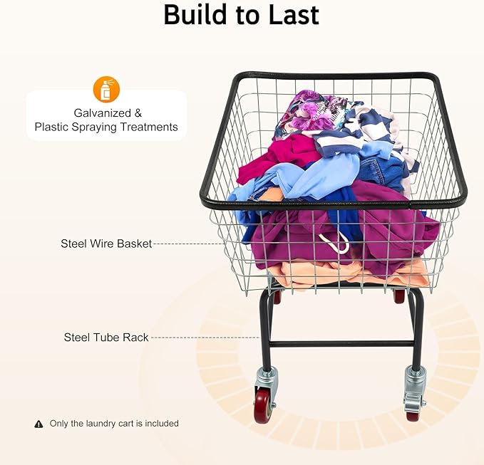 Steel Wire Laundry Cart, Wire Laundry Basket Cart with 4" Casters, Heavy Duty Commercial Rolling Laundry Basket for Clothes Storage, 26.77"D x 21.5"W x 26"H
