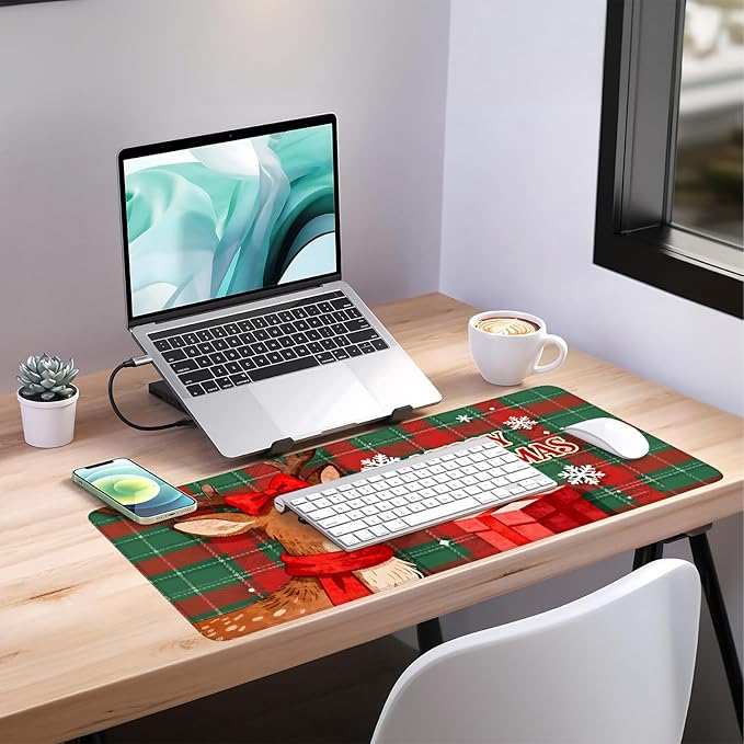 Merry Christmas-Elk Gaming Mouse Pad 35.4"x15.7"Desk Mat Anti-Slip Rubber Base & Durable Stitched Edges for Gamers Smooth Mouse Writing Surface for Desk Office/Home