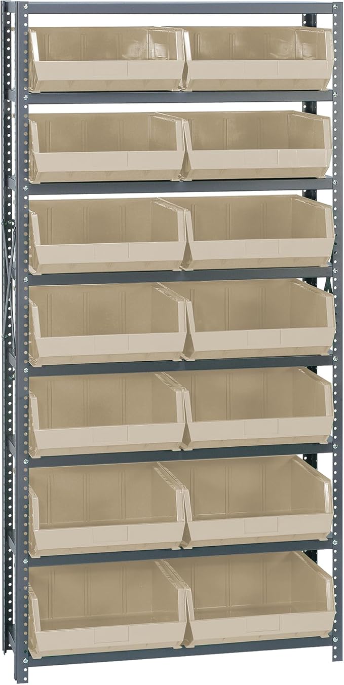 Quantum Storage Systems QSBU-250IV Giant Open Hopper Steel Shelving System, 12" D x 36" W x 75" H, with 8 Shelves and 14 QUS250 Bins, Ivory