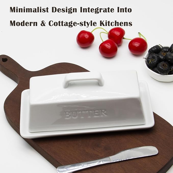Ceramic Butter Dish With Lid for Countertop, Covered Butter Holder With Lid, White Butter Container, Butter Tray With Handle
