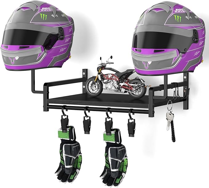 OYEAL Helmet Rack Wall Mount Black Motorcycle Helmet Holder with Shelf, Gear Storage Rack with Hooks, 4 Glove Clips for Motorcycle Accessories