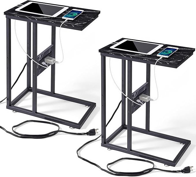 VECELO C Shaped End Side Table with Charging Station & Power Outlets for Couch Sofa/Bed, Snack TV Tray with Metal Frame for Living Room Bedroom 2 PCS Black Marble