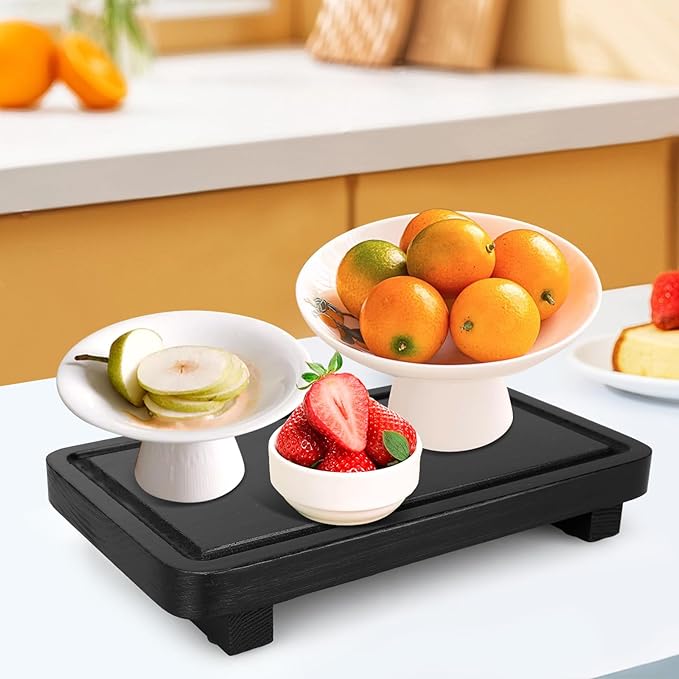 Black Bathroom Counter Organizer Wood Risers Display Pedestal Stand Kitchen Countertop Trays Farmhouse Wooden Dish Soap Dispenser Holder for Bathroom Decor Kitchen Sink Accessories Vanity Tray