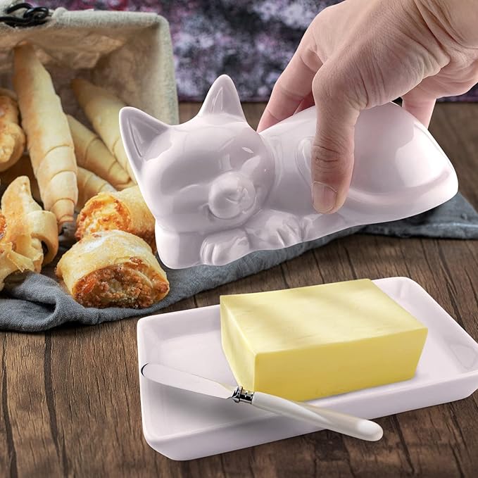 Adorable Cat Ceramic Butter Dish - Unique and Versatile Kitchen Accessory - Durable and Creative Way to Store and Serve Butter