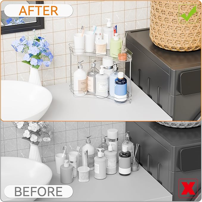 Yieac Clear Bathroom Counter Corner Shelf for Restroom and Vanity,2 Tier Bathroom Counter Organizer and Corner Sink Organizer,Two Tier Small Bathroom Sink Organizers & Stand for Makeup,Beauty Product