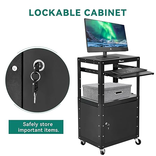 YITAHOME Rolling AV Cart with Wheels & Locking Cabinet, Keyboard Tray & 16.4ft Extra-Long Power Cord, Mobile Presentation Media Cart for Computer Laptop Printer Projector, Black