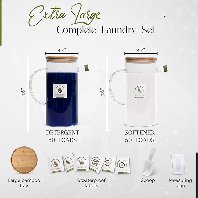 Glass Laundry Detergent Dispenser Set of 2 - Extra Large 2X 64oz Liquid Soap Container with Bamboo Tray - Laundry Room Organization & Storage - Fabric Softener, Pod, Scent Booster