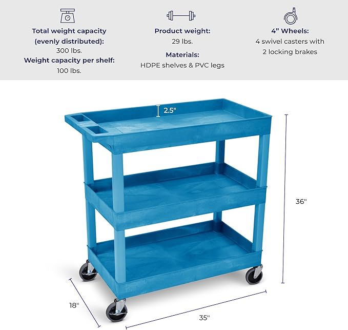 Stand Steady Tubstr 3 Shelf Utility Cart | Made in USA | Heavy Duty Tub Cart Holds Up to 300 lbs. | Storage Cart & Rolling Tool Cart for School, Office, Garage & Warehouse (32 x 24in / Blue)