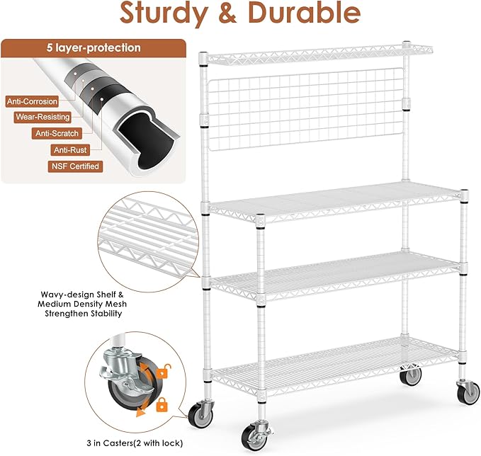 Leteuke Bakers Rack with Storage & Wheels, 42 Inch Microwave Stand Kitchen Shelves, 4-Tier Heavy Duty Microwave Cart Storage Rack with 20 S-Hooks, Metal Utility Kitchen Cart, 42× 18× 63 Inch, White