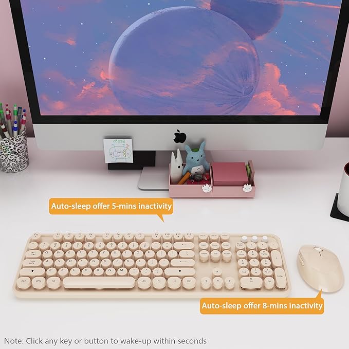 Kootop Wireless Keyboard and Mouse Combo, Cute Colorful 104 Keys Typewriter Retro Round Keycaps Keyboard for PC Laptop,Desktop,Windows, Home and Office Keyboards Coffee