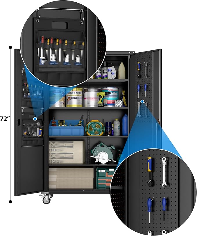 2025 Upgraded Wide & Deep Garage Storage Cabinet with Wheels, Lockable Metal Storage Cabinet with Pegboards and 9 Hooks, 2 Tool Pouches for Garage,4 Adjustable Shelves (Black,43''W x 22''D x 72''H)