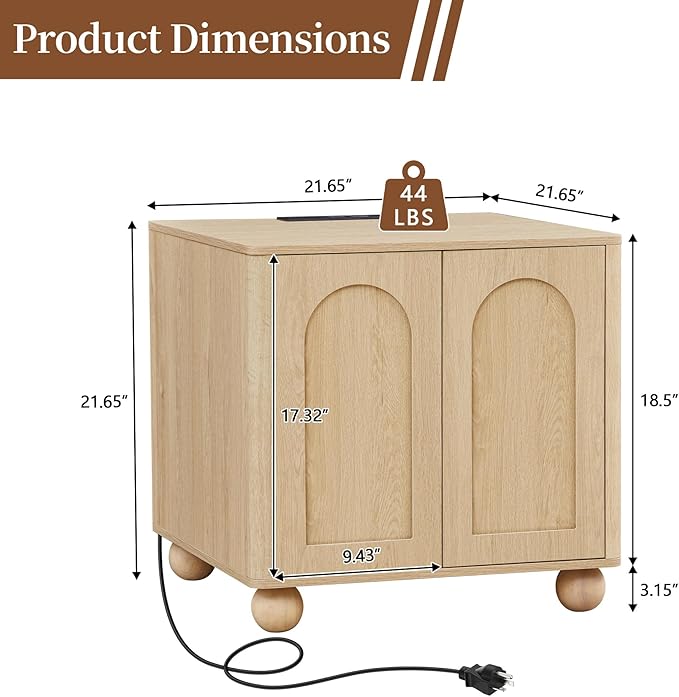 Bed Side Table with Charging Station, Mid Century Modern Nightstand with 2 Doors, Square End Table with Storage for Couch,Living Room,Small Spaces, Sofa Side Table for Office,Dorm - Natural