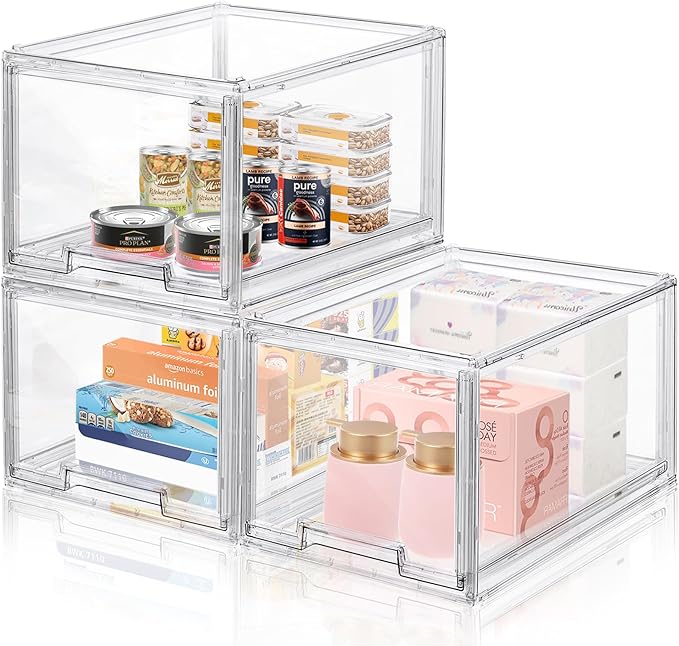 3 Packs Plastic Stackable Storage Drawers, DILIBRA Clear Storage Bins Organizer with Pull Out Drawer for Kitchen Cabinet Pantry Fridge Freezer Shelf Refrigerator Organization and Storage
