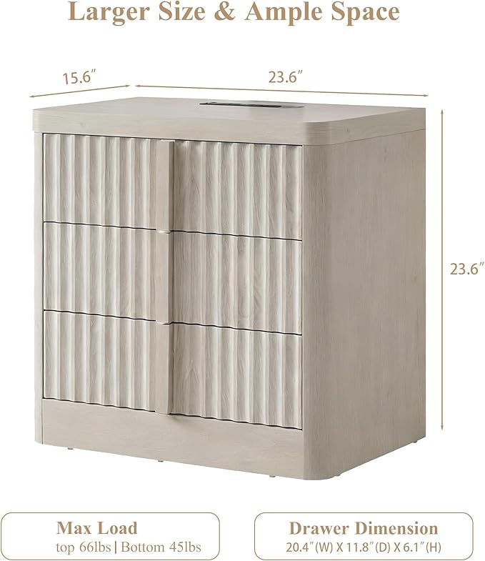 23.6" Nightstand Set of 2 with Charging Station, Side Table with 3 Large Storage Drawers, Mid Century Modern Night Stand with Solid Wood Handle, Bedside End Table for Bedroom, Living Room