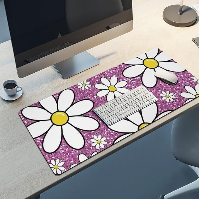 Purple Sparkling Daisy Large Mouse Pad, Flowers Gaming Desk Mat, XXL Keyboard Desk Pad Mat for Desktop, 35.4"x15.7" Non-Slip Base Big Mousepad with Stitched Edges