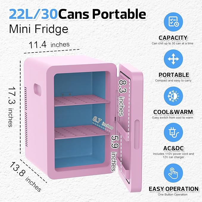 advwin 22L Mini Fridge for Bedroom, 30 Cans Portable Cooler & Warmer Compact Refrigerators with AC/DC Power for Skin Care, Beverage, Cosmetics, Food, Drinks, Office Desk Dorm Room