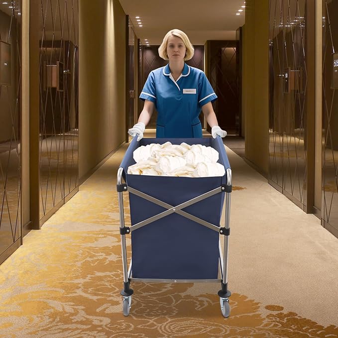 Commercial Laundry Cart with Wheels,Folding Laundry Hamper Cart,Heavy Duty Rolling Laundry Basket with Large Capacity,Laundry Sorter Trolley for Home Hotel Apartment (Blue, 35.43 * 23.62 * 34.65in)