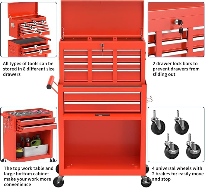 8-Drawer High Capacity Rolling Tool Box with Wheels,Rolling Tool Chest with Drawer,Tool Box on 4 Wheels with Lock, Tool Storage Cabinet Removable Portable Box for Garage Warehouse (Red)