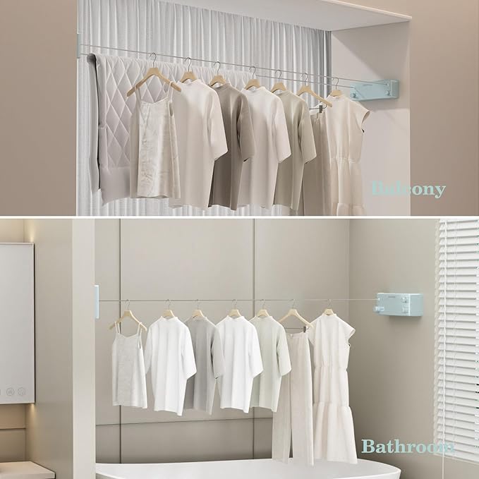 Danpoo Retractable Clothesline, 2x13.8ft 304 Stainless Steel Clothes Line for Indoors/Outdoors for Covered Balcony/Laundry Room Drying with Auto-Lock, Wall-Mounted, Heavy Duty(Silvery Blue)