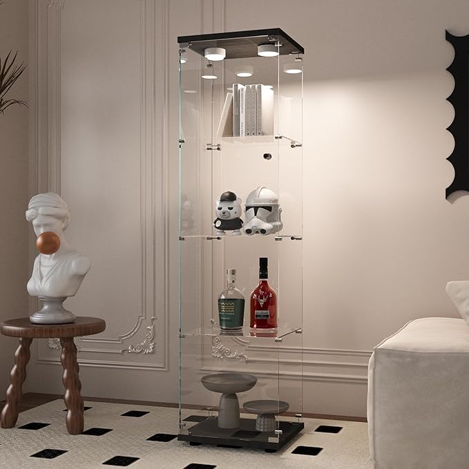Beauty4U Glass Display Cabinet with Light, 4 Shelves, Curio Cabinets for Living Room, Bedroom, Office, Black Floor Standing Glass Bookshelf, Quick Installation