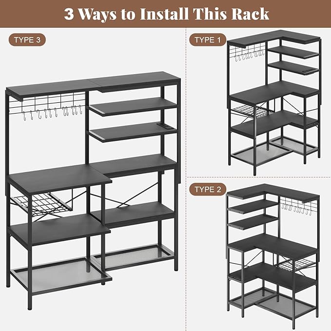 L-Shaped Bakers Rack with Power Outlet, 6-Tier Microwave Stand with Open Storage, Coffee Bar with Hooks, Mesh Grid, Kitchen Shelf with Wire Basket, Black