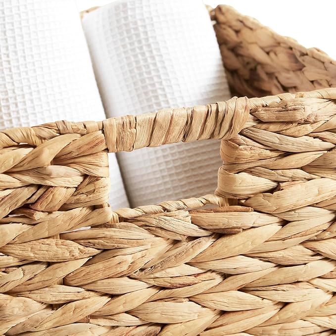 Ornavo Home 13 x 13 Inch Water Hyacinth Baskets Set of 4 – Handwoven Collapsible Wicker Storage Cube Bins with Handles for Bathroom, Bedroom, Laundry and Pantry - Natural