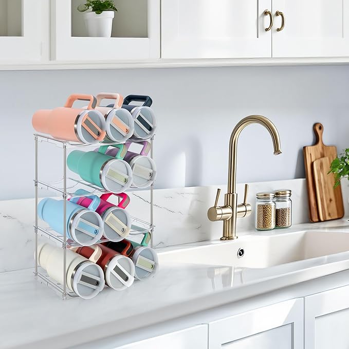Water Bottle Organizer for Stanley 40 oz Tumbler, Stackable Water Bottle Holder for Kitchen Fridge Cabinet Organization and Storage, Plastic Wine Rack/Drink Bottle Holder (4 Pack - Hold 12)
