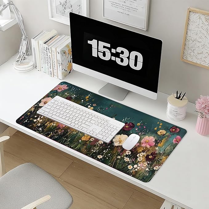 Vintage Wildflower Large Mouse Pad 31.5x15.7inch, Retro Floral Large Extended Computer Desk Mat Mousepad for Keyboard and Mouse, Floral Desk Accessories