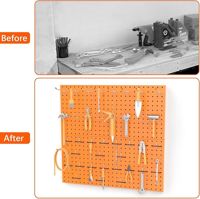TORACK Metal Pegboard Wall Organizer 24" x 24" or 12" x 48", 70 PCS Tools Storage Pegboard for Garage, Modular Pegboard, Tool Organizer Board with Peg Board Hooks(Orange)