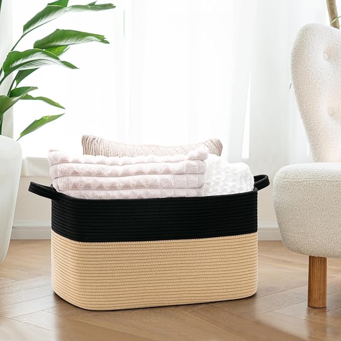 Goodpick Large Woven Storage Basket, 21.6" x 14.9" x 11.8" Rectangle Cotton Rope Laundry Basket with Handles, Baby Toy Blanket Storage for Living Room, Bedroom