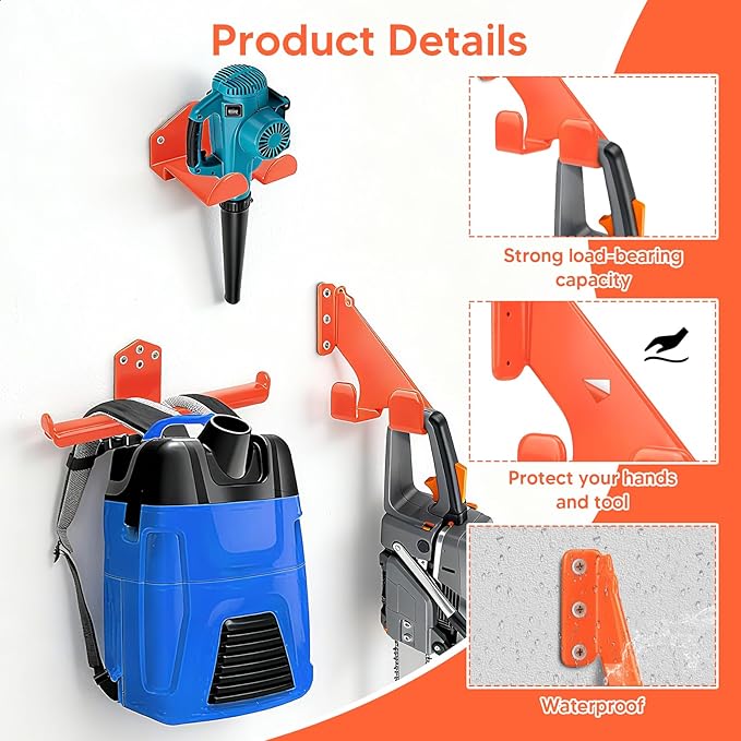 3 Pack Heavy Duty Garage Storage Hooks - Wall Mount Hangers for Weed Eater, Chainsaw, Backpack Leaf Blower - Steel Utility Tool Organizers for Garden Shed