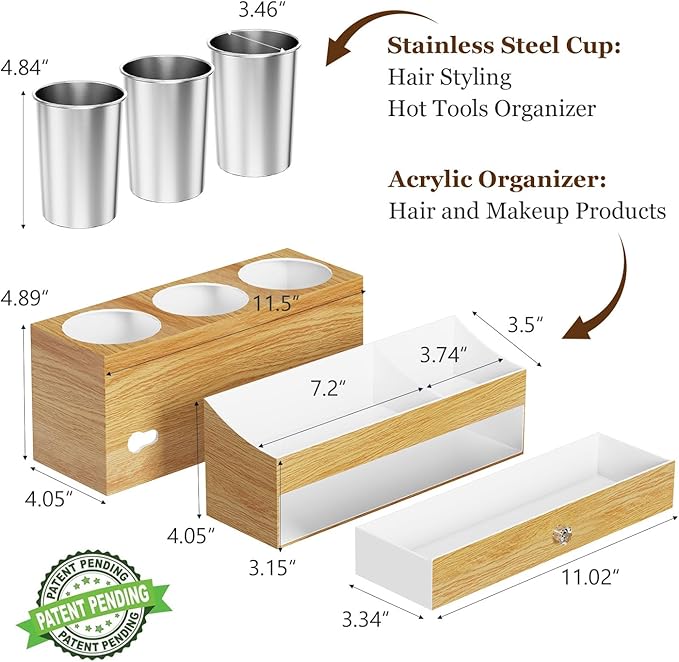 Acrylic Hair Dryer Holder with Drawer, Bathroom Organizer Countertop Drawers with 3 Stainless Cups, Makeup Vanity Accessories, Hair Hot Tools Organizer, Toiletry, Wood