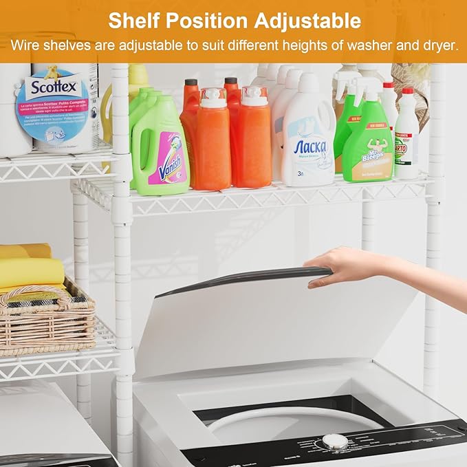 U15 Over Washer and Dryer Storage Shelves, Laundry Above Washer Dryer Storage Rack Space Saver, 6-Tier Wire Shelf with 4 Hooks for Organization, 63.4"W x 17.3"D x 76.4"H, Holds 568lbs, White